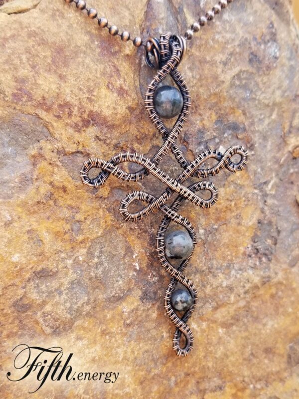Larvikite celtic cross necklace fifth energy jewelr