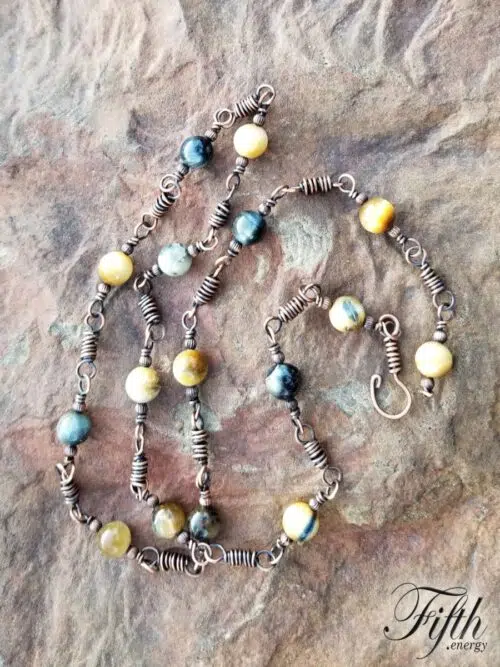 Linked Blue Golden Tigers Eye Copper Necklace Fifth Energy Jewelry