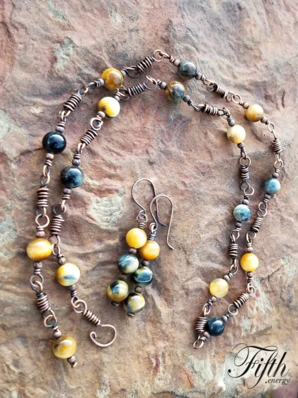 Linked blue golden tigers eye copper necklace fifth energy jewelry