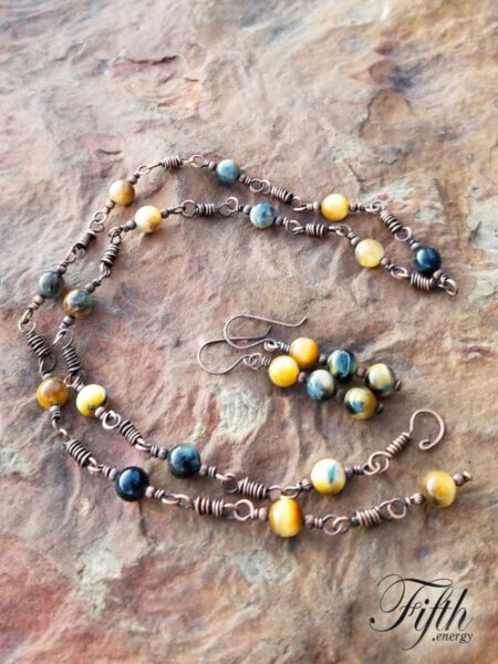 Linked Blue Golden Tigers Eye Copper Necklace Fifth Energy Jewelry