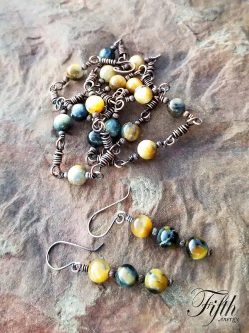 Linked Blue Golden Tigers Eye Copper Necklace Fifth Energy Jewelry