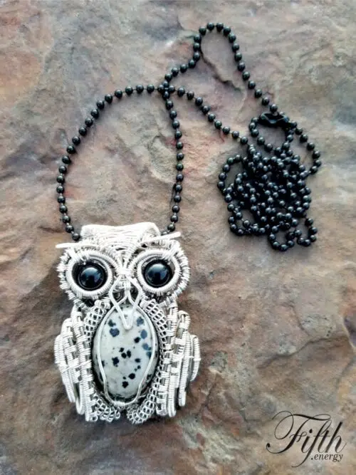 Obsidian and Dalmatian Stone Owl Necklace Fifth Energy Jewelry
