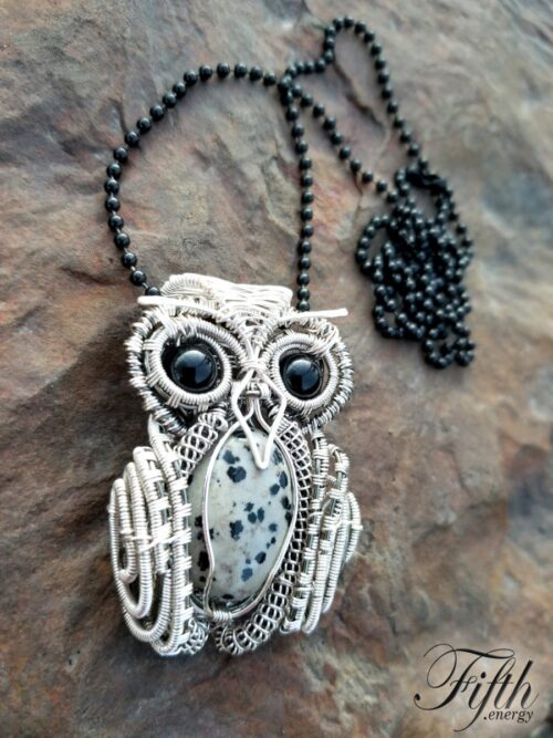 Obsidian and dalmatian stone owl necklace fifth energy jewelry