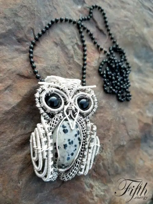 Obsidian and Dalmatian Stone Owl Necklace Fifth Energy Jewelry