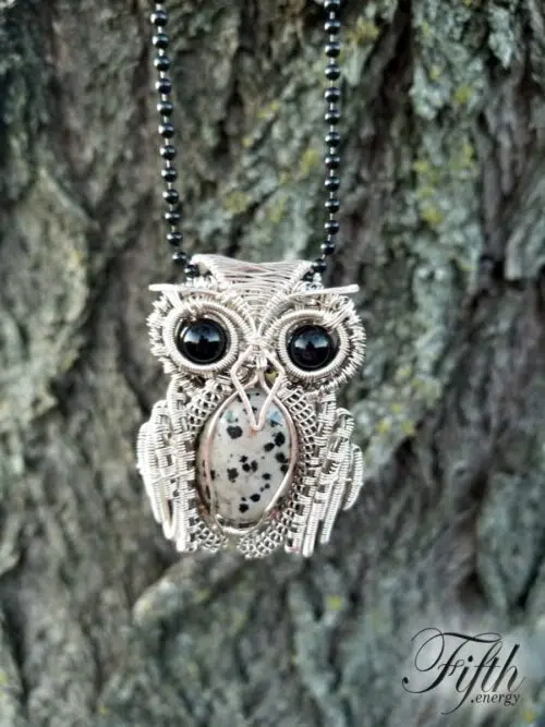 Obsidian and Dalmatian Stone Owl Necklace Fifth Energy Jewelry