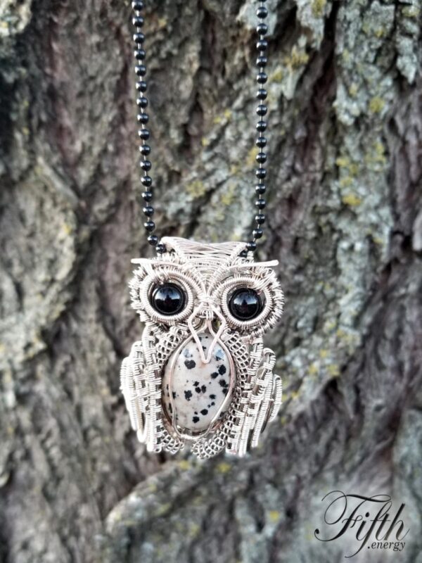 Obsidian and Dalmatian Stone Owl Necklace Fifth Energy Jewelry