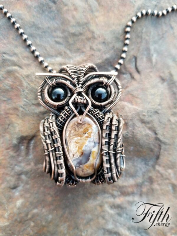 Obsidian and Fossilized Wood Owl Necklace Fifth Energy Jewelry