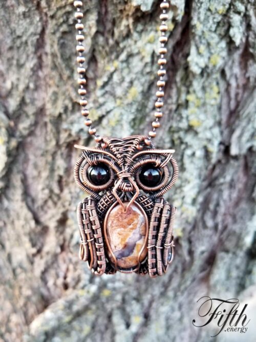 Obsidian and fossilized wood owl necklace fifth energy jewelry