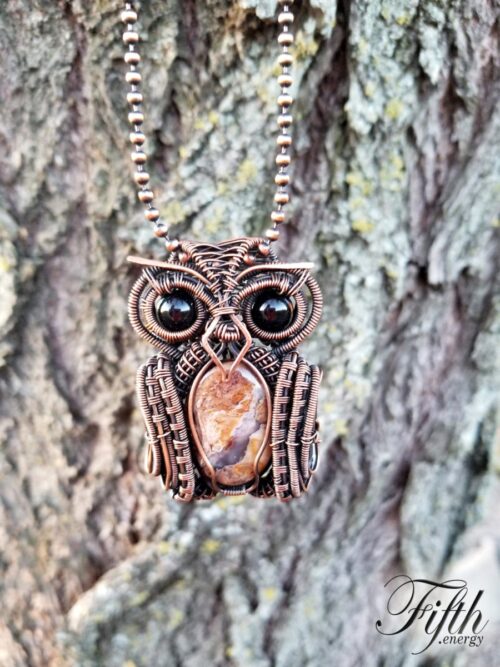 Obsidian and fossilized wood owl necklace fifth energy jewelry