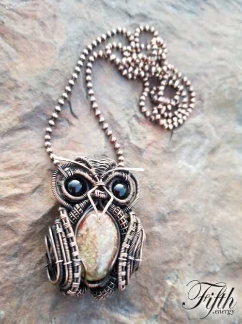 Obsidian and gneiss owl necklace fifth energy jewelry