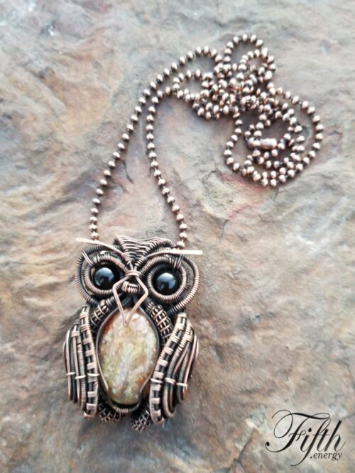 Obsidian and gneiss owl necklace fifth energy jewelry