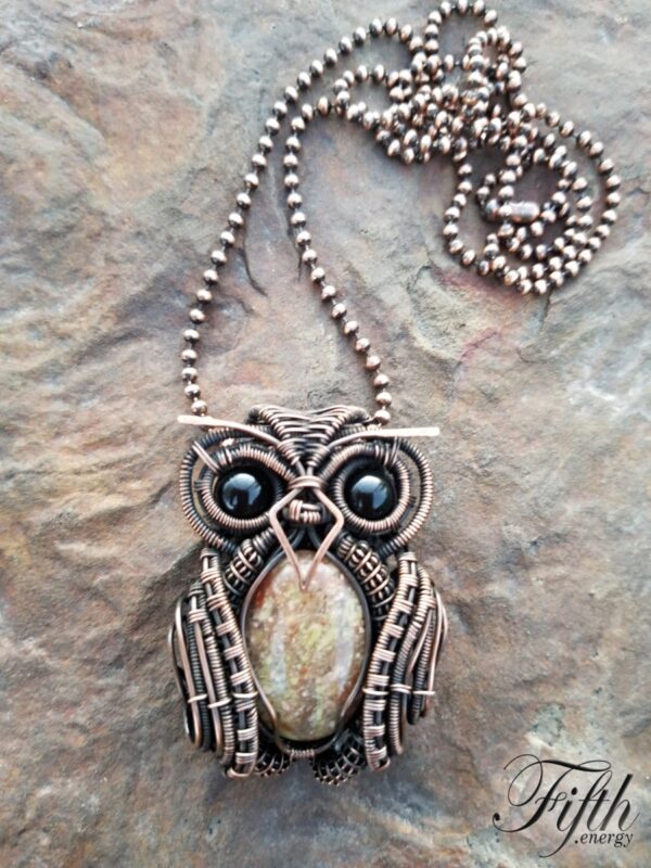 Obsidian and Gneiss Owl Necklace Fifth Energy Jewelry