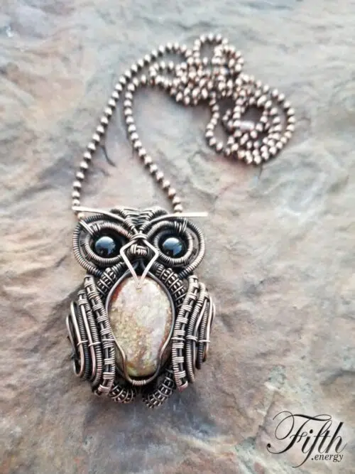 Obsidian and Gneiss Owl Necklace Fifth Energy Jewelry