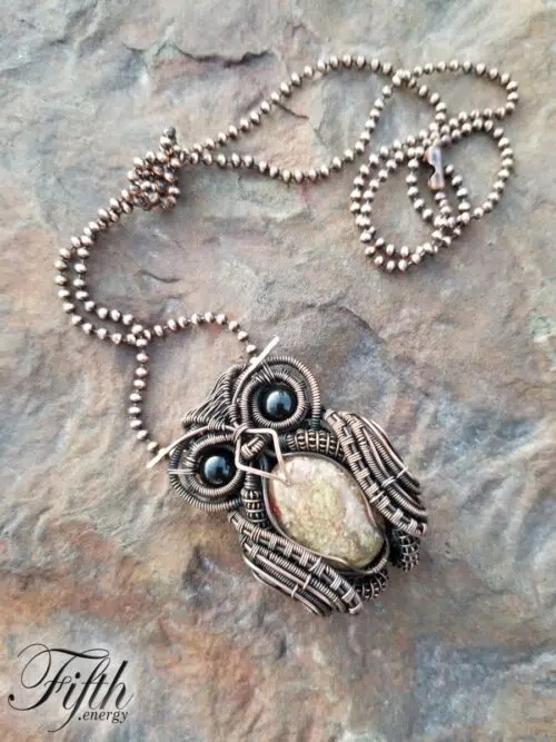Obsidian and Gneiss Owl Necklace Fifth Energy Jewelry