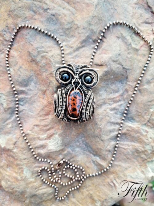 Rainbow and mahogony obsidian owl necklace fifth energy jewelry