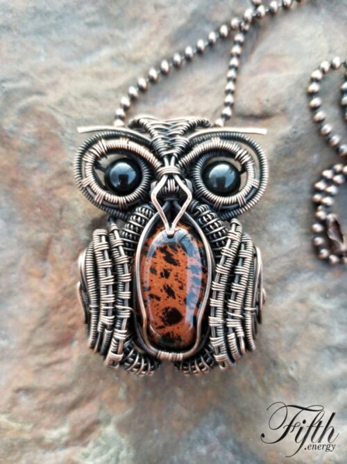 Rainbow and mahogony obsidian owl necklace fifth energy jewelry