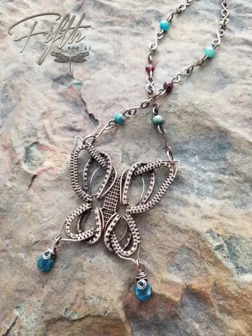 Copper Butterfly Necklace with Apatite and Garnet Gemstones Fifth Energy Jewelry