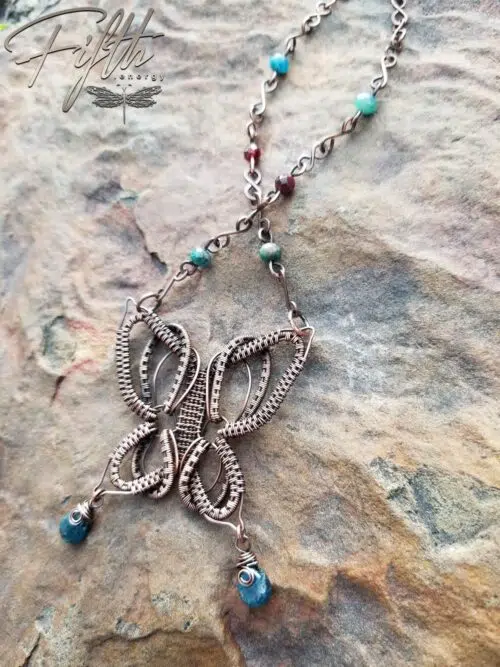 Copper Butterfly Necklace with Apatite and Garnet Gemstones Fifth Energy Jewelry