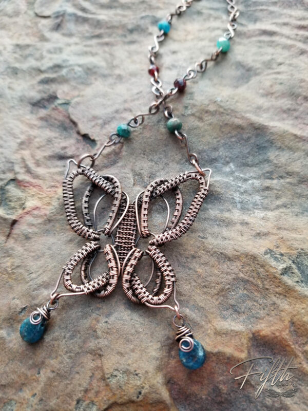 Copper Butterfly Necklace with Apatite and Garnet Gemstones Fifth Energy Jewelry