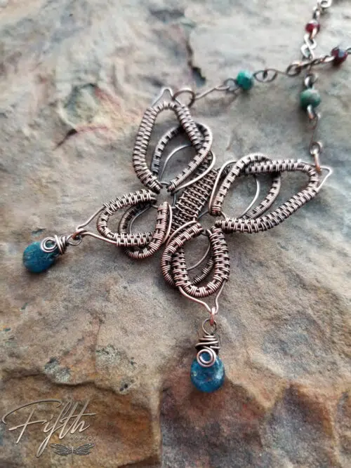 Copper Butterfly Necklace with Apatite and Garnet Gemstones Fifth Energy Jewelry