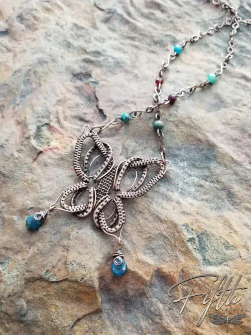 Copper Butterfly Necklace with Apatite and Garnet Gemstones Fifth Energy Jewelry