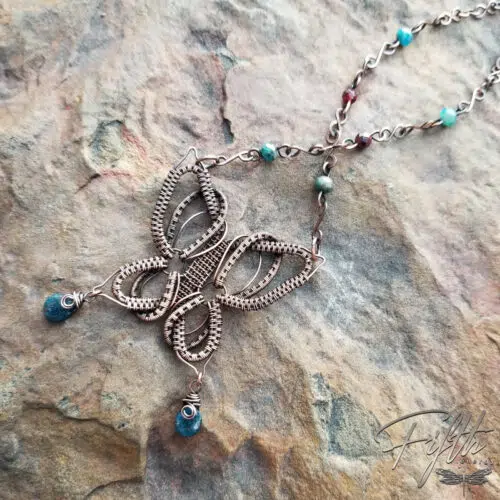 Copper Butterfly Necklace with Apatite and Garnet Gemstones Fifth Energy Jewelry
