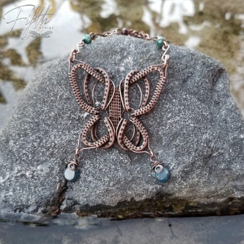 Copper butterfly with apatite gemstones fifth energy jewelry