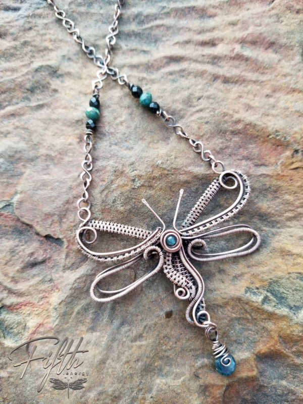Dragonfly with apatite copper necklace fifth energy jewelry