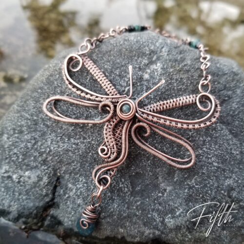 Dragonfly with apatite copper necklace fifth energy jewelry