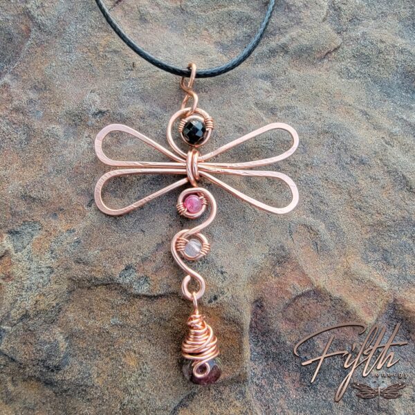 Black Pink Whimsical Tourmaline Dragonfly Necklace Fifth Energy Jewelry