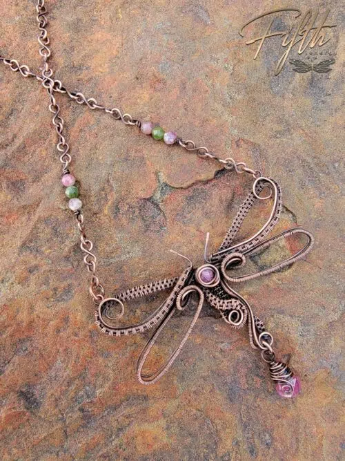 Pink Tourmaline & Copper Dragonfly Choker Necklace Fifth Energy Jewelry
