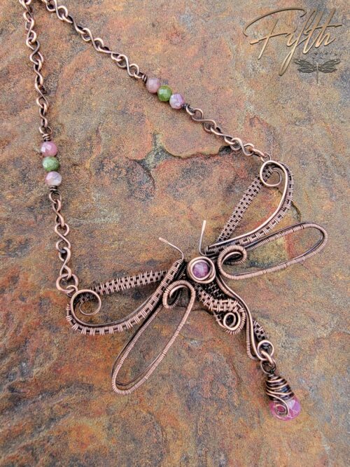 Pink Tourmaline & Copper Dragonfly Choker Necklace Fifth Energy Jewelry