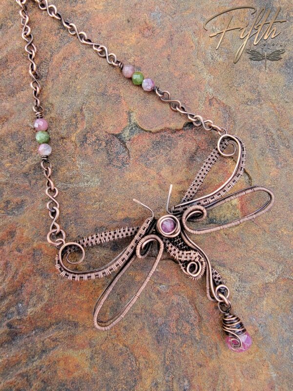 Pink Tourmaline & Copper Dragonfly Choker Necklace Fifth Energy Jewelry