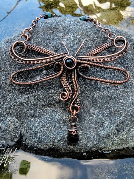 Black tourmaline & copper dragonfly choker