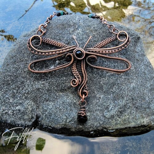Black Tourmaline & Copper Dragonfly Choker Necklace Fifth Energy Jewelry