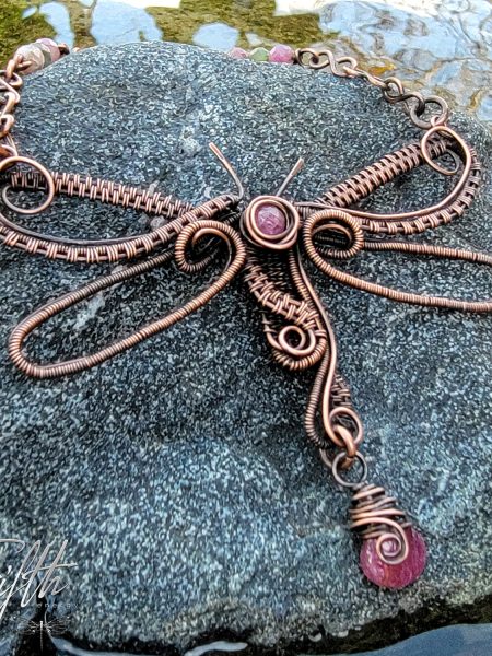 Pink tourmaline & copper dragonfly choker