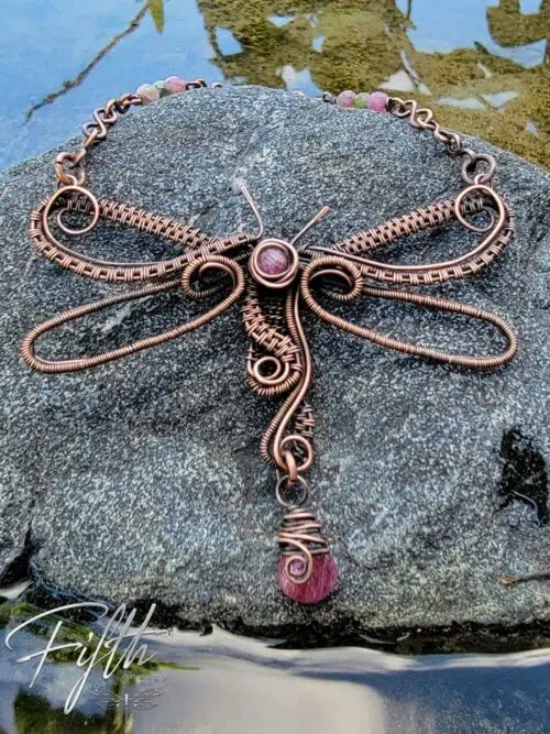 Pink Tourmaline & Copper Dragonfly Choker Necklace Fifth Energy Jewelry