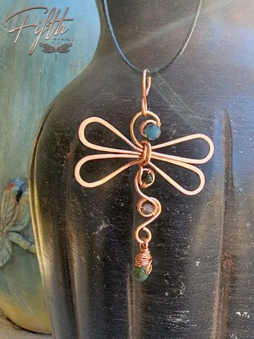 Green Black Tourmaline Dragonfly Copper Necklace Fifth Energy Jewelry