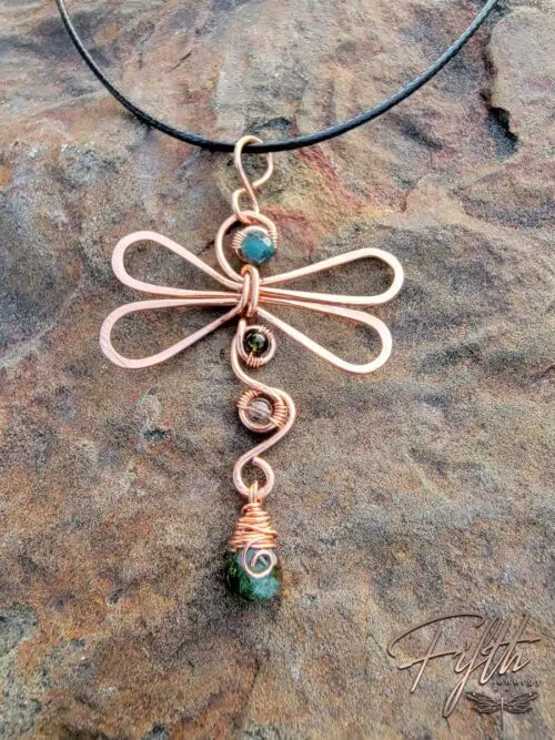 Green Black Tourmaline Dragonfly Copper Necklace Fifth Energy Jewelry