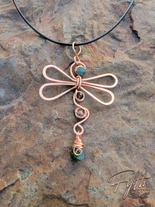 Green Black Tourmaline Dragonfly Copper Necklace Fifth Energy Jewelry