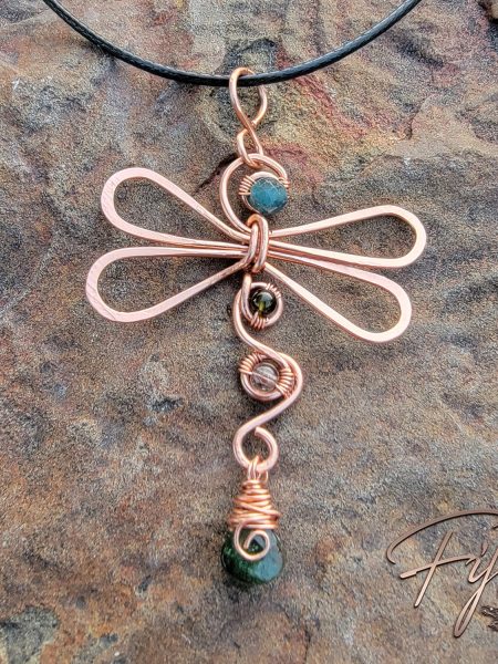 Green Black Tourmaline Dragonfly Copper Necklace Fifth Energy Jewelry