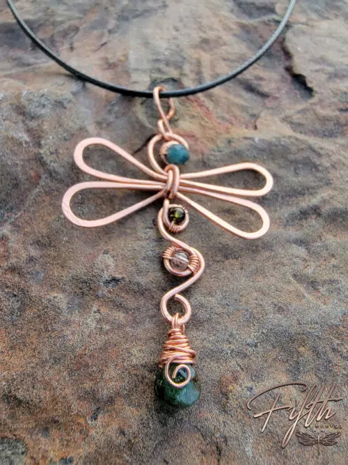 Green Black Tourmaline Dragonfly Copper Necklace Fifth Energy Jewelry