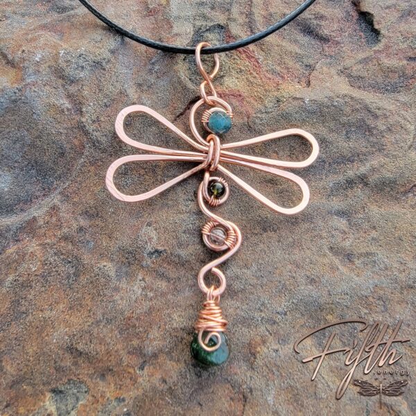Green black tourmaline dragonfly copper necklace fifth energy jewelry