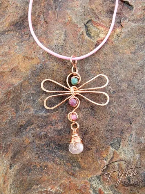 Green Pink Tourmaline Dragonfly Copper Necklace Fifth Energy Jewelry
