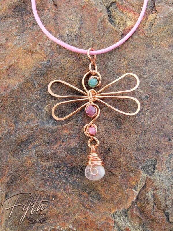 Green Pink Tourmaline Dragonfly Copper Necklace Fifth Energy Jewelry