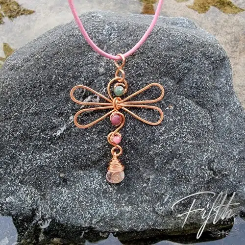 Green Pink Tourmaline Dragonfly Copper Necklace Fifth Energy Jewelry