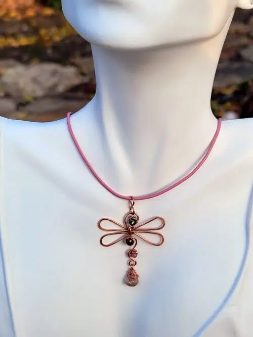 Green Pink Tourmaline Dragonfly Copper Necklace Fifth Energy Jewelry