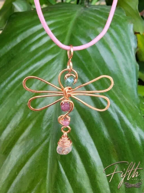 Green Pink Tourmaline Dragonfly Copper Necklace Fifth Energy Jewelry