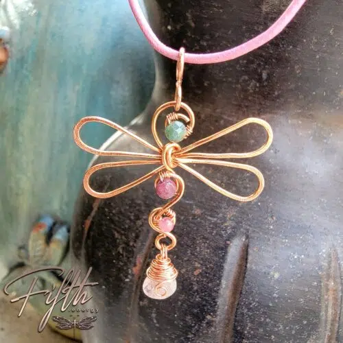 Green Pink Tourmaline Dragonfly Copper Necklace Fifth Energy Jewelry