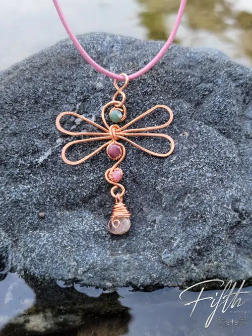 Green Pink Tourmaline Dragonfly Copper Necklace Fifth Energy Jewelry